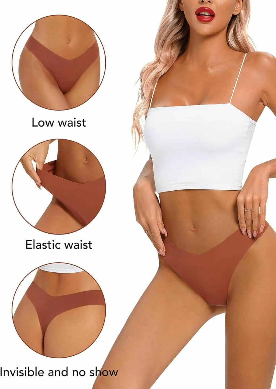 Tichers Women's No Show Seamless Thong Panties 6-Pack - Breathable, Stretch V-Waist Sexy Underwear