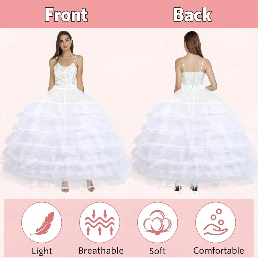 PrettyQueen Women's White 6 Hoop Crinoline Petticoat for Quinceañera, Wedding & Bridal Ball Gown Underskirt