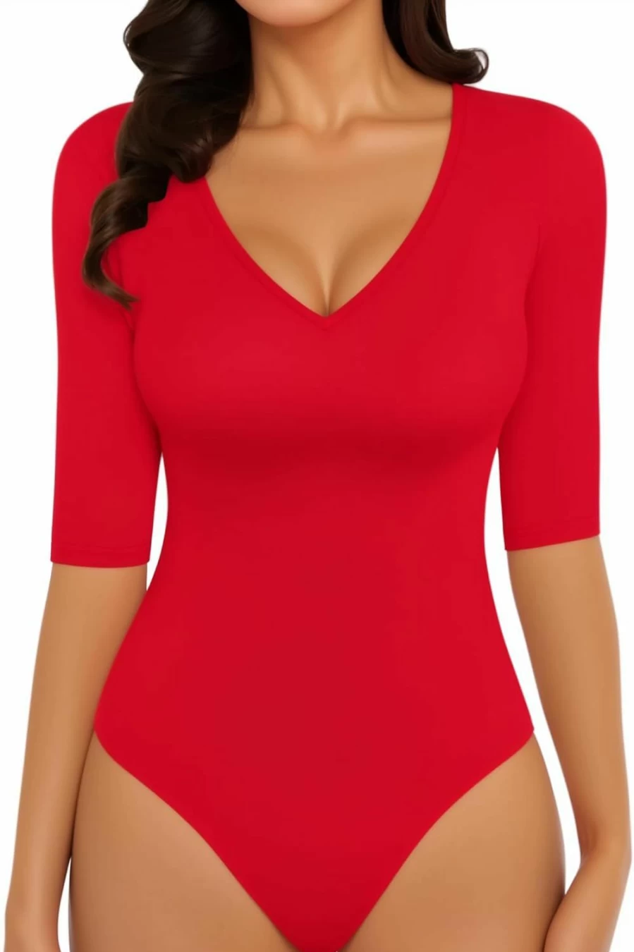 MANGOPOP Women's V-Neck Half Sleeve Bodysuit - Stretchy T-Shirt Style Top for Casual Wear