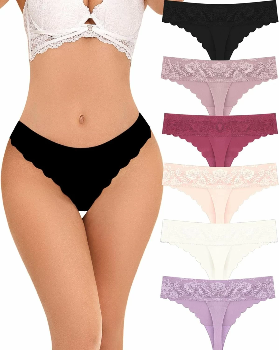 FINETOO Women's Seamless Thong Underwear 6-Pack - Lace Trim, Low Rise, T-Back, No Show Panties in Sizes S-XL