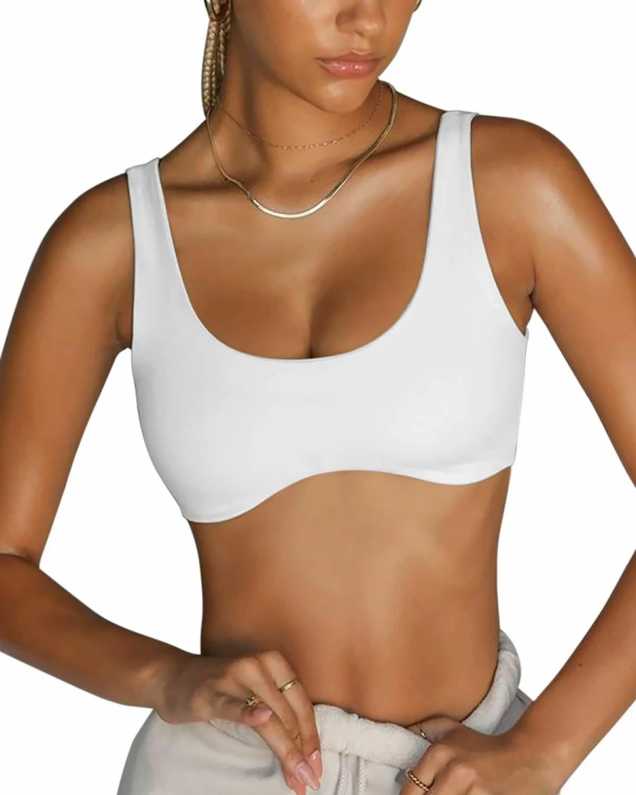 LASLULU Women's Scoop Neck Padded Sports Bra - Yoga Workout Crop Top Sleeveless Activewear