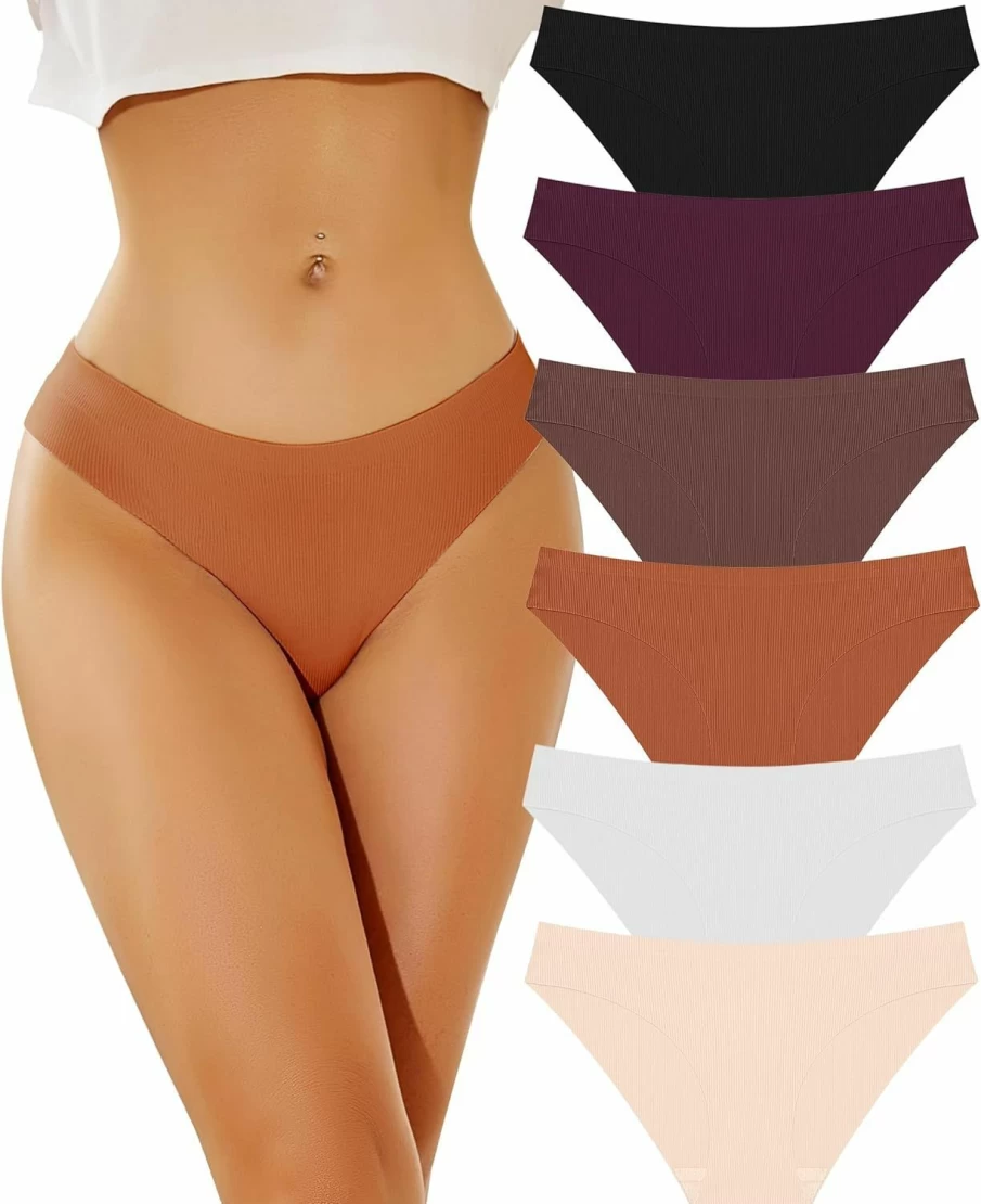 FINETOO Women's Seamless Bikini Panties 6-Pack - Low Rise Cheeky Hipster Briefs Soft Stretch Underwear for Ladies
