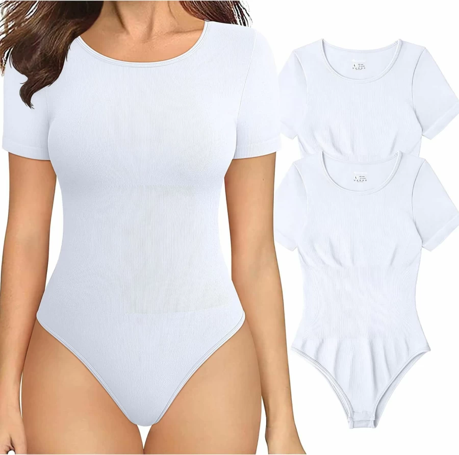 OQQ Women's Sexy Ribbed Bodysuit 2-Piece Set - Short Sleeve One Piece Tops for Women