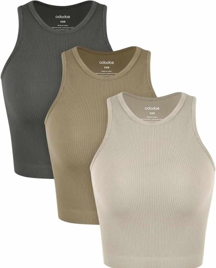 ODODOS Women's 3-Pack Seamless Ribbed Crop Tops - High Neck Soft Stretch Cropped Tank Tops