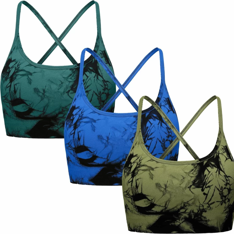 OVESPORT Women's Seamless Tie-Dye Sports Bra Set - 3 Piece Workout Crop Tops with Padded Support & Strappy Backless Design for Gym Yoga