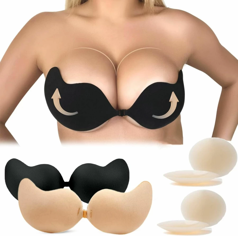 SUWAIS FASHION Reusable Silicone Sticky Bra - Strapless, Backless Push-Up Adhesive Bra & Nipple Covers for Women