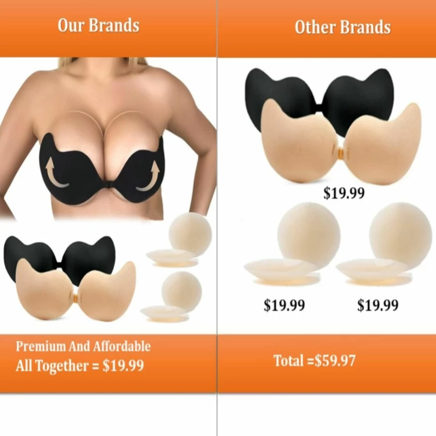SUWAIS FASHION Reusable Silicone Sticky Bra - Strapless, Backless Push-Up Adhesive Bra & Nipple Covers for Women