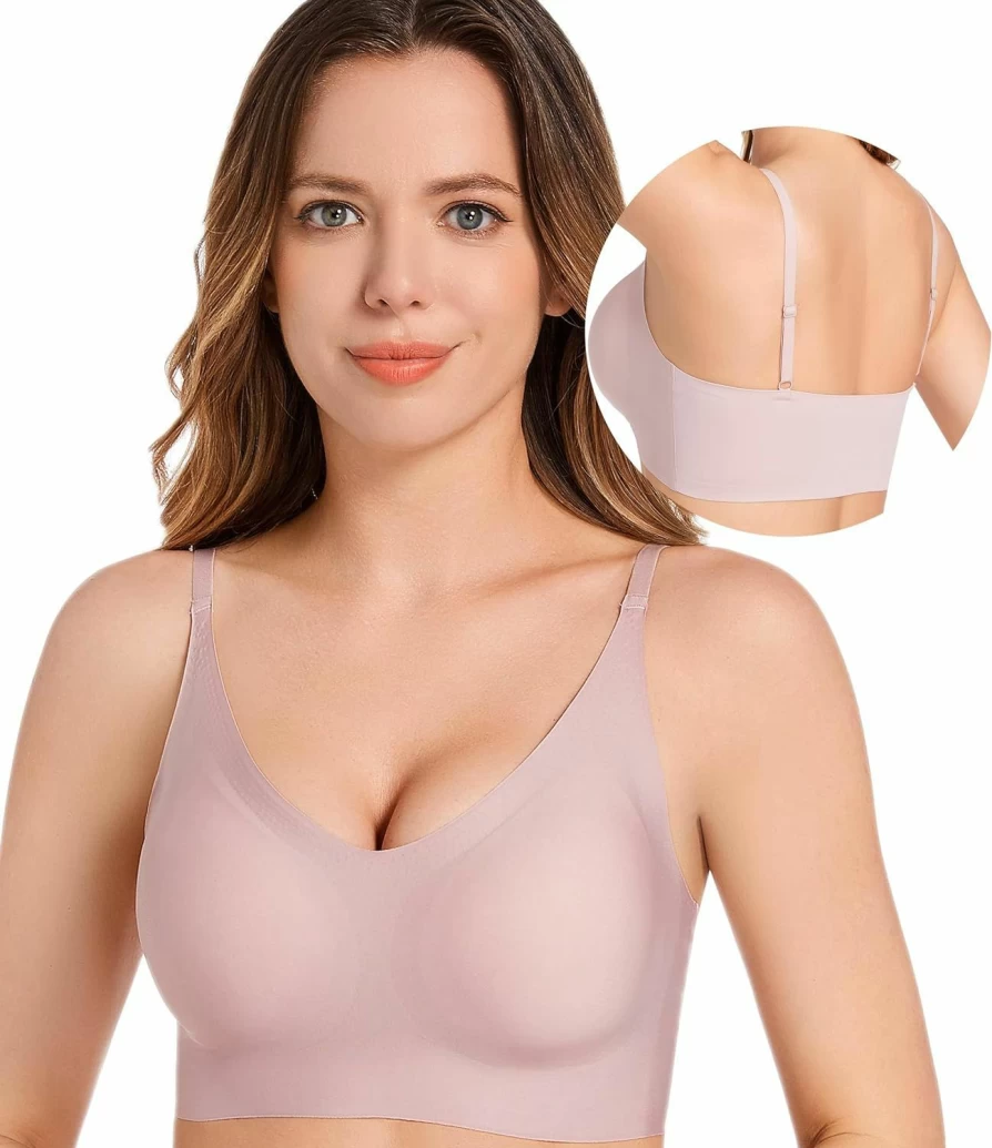 PRETTYWELL Women's Seamless Comfort Bra - Wireless, V-Neck, Lightweight Everyday Bra for A to D Cups