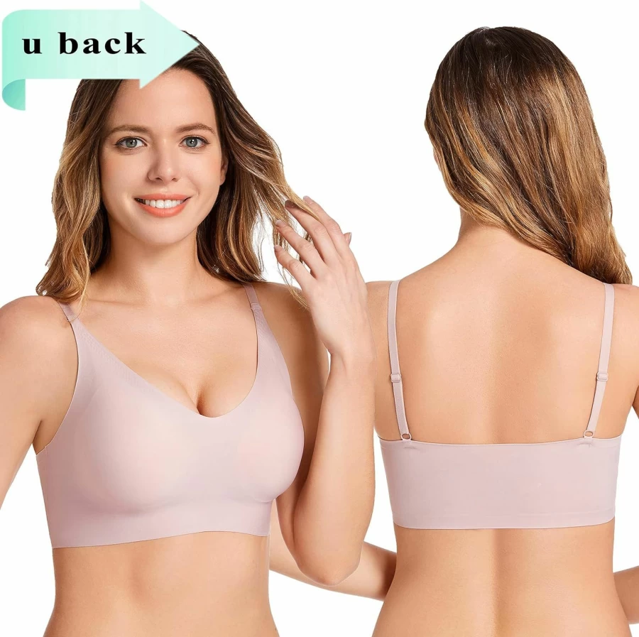 PRETTYWELL Women's Seamless Comfort Bra - Wireless, V-Neck, Lightweight Everyday Bra for A to D Cups
