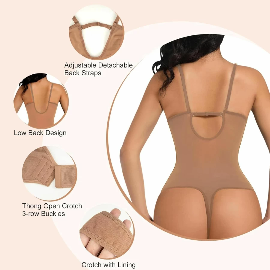Decorus Women's Low Back Shapewear Tummy Control Bodysuit - Backless Plunge Thong with Built-In Bra for Bridal & Special Occasions