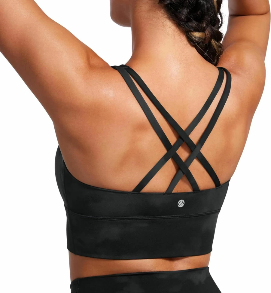 CRZ YOGA Women's Medium Impact Sports Bra - Criss Cross Strappy Longline Workout Top with Padding for Yoga & Fitness