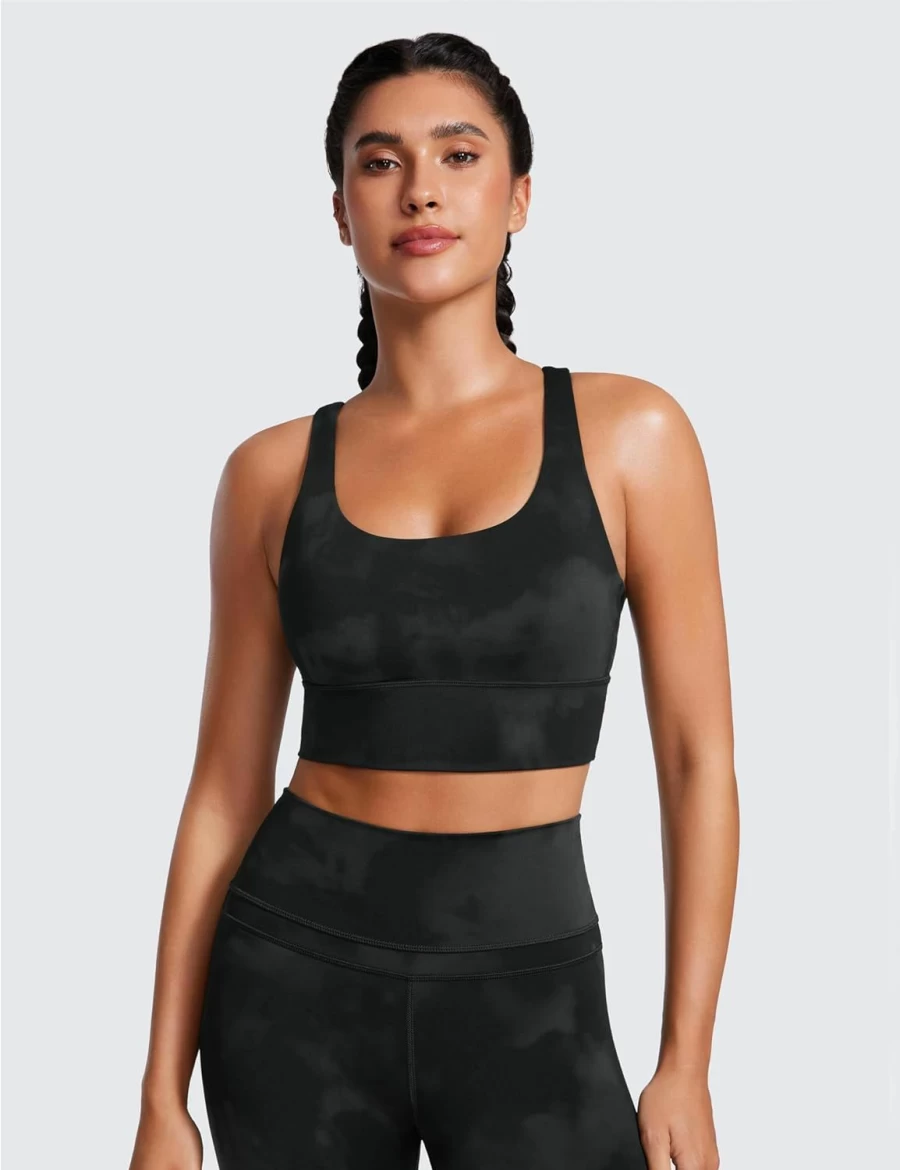 CRZ YOGA Women's Medium Impact Sports Bra - Criss Cross Strappy Longline Workout Top with Padding for Yoga & Fitness