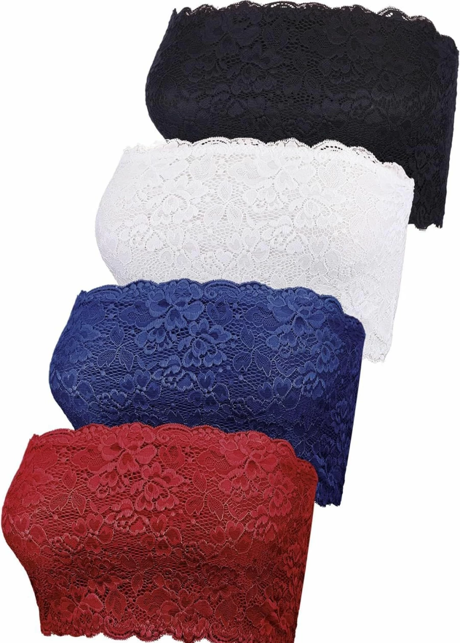 Boao Women's 4-Pack Lace Bandeau Bras - Strapless Tube Top Bralette, No Underwire No Padding, Comfortable Elastic Seamless Design for Daily Wear