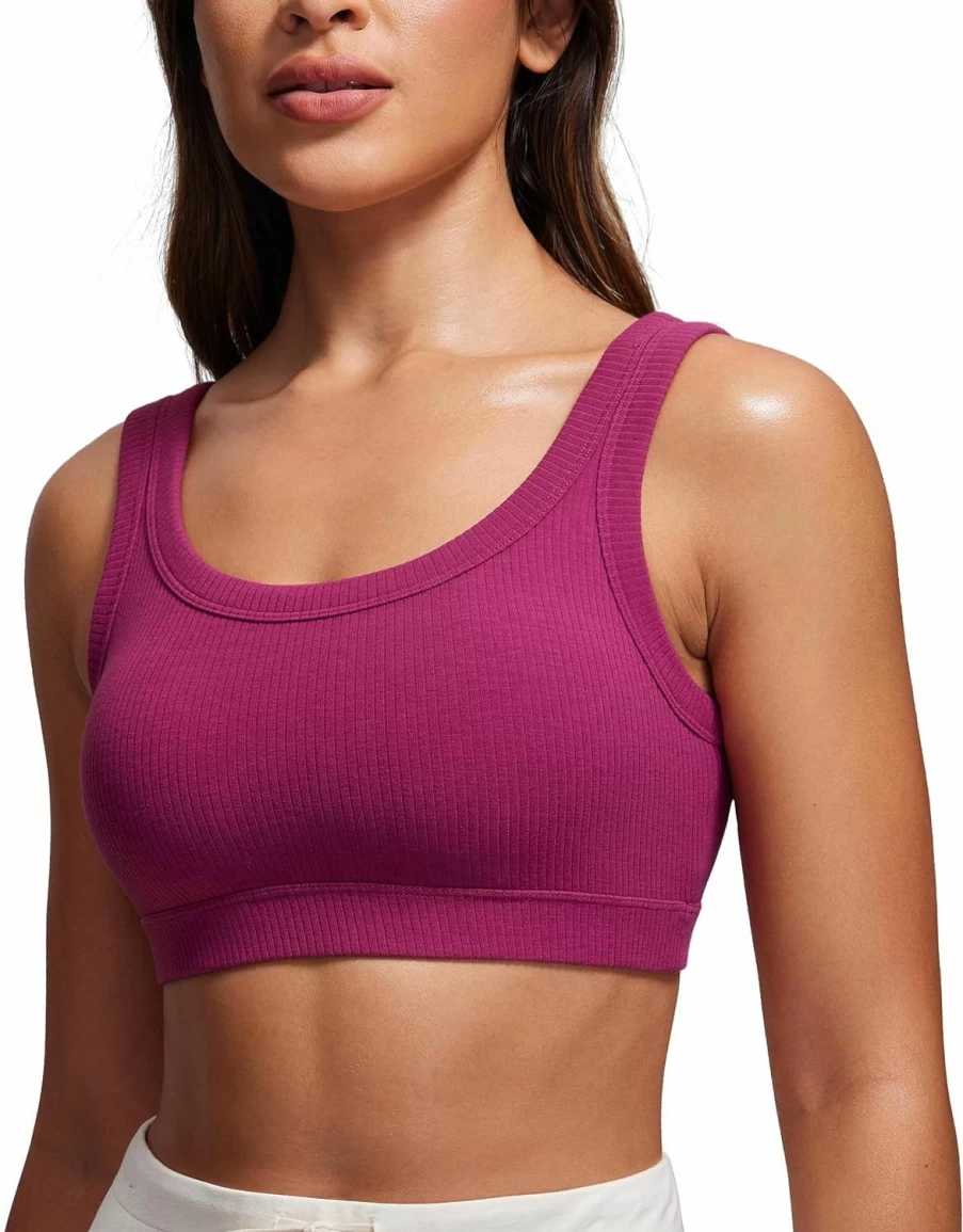 CRZ YOGA Women's U Back Wireless Sports Bra - Medium Impact Ribbed Yoga Workout Bra with Padded Support
