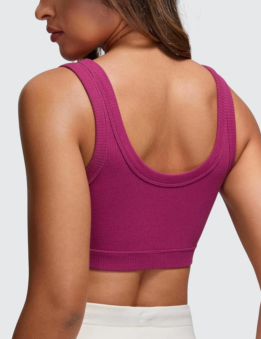 CRZ YOGA Women's U Back Wireless Sports Bra - Medium Impact Ribbed Yoga Workout Bra with Padded Support