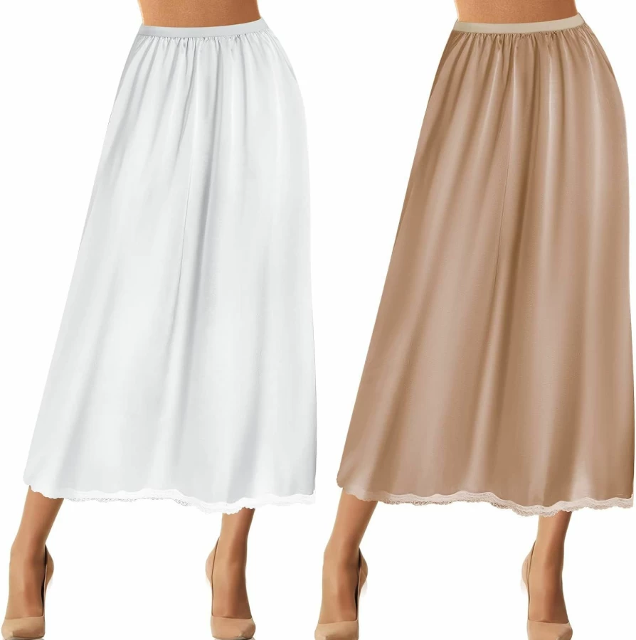 Jiuguva Women's Lace Trim Satin Half Slip Underskirt - 2 Piece Set for Dresses