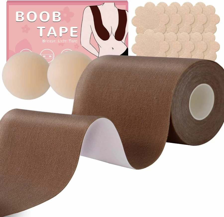 BEWTEIM 6 Inch Booby Tape for Breast Lift – Extra Large Adhesive Bra Tape for D-G Cup, Includes Satin Nipple Covers & Push Up Support – Cream Color