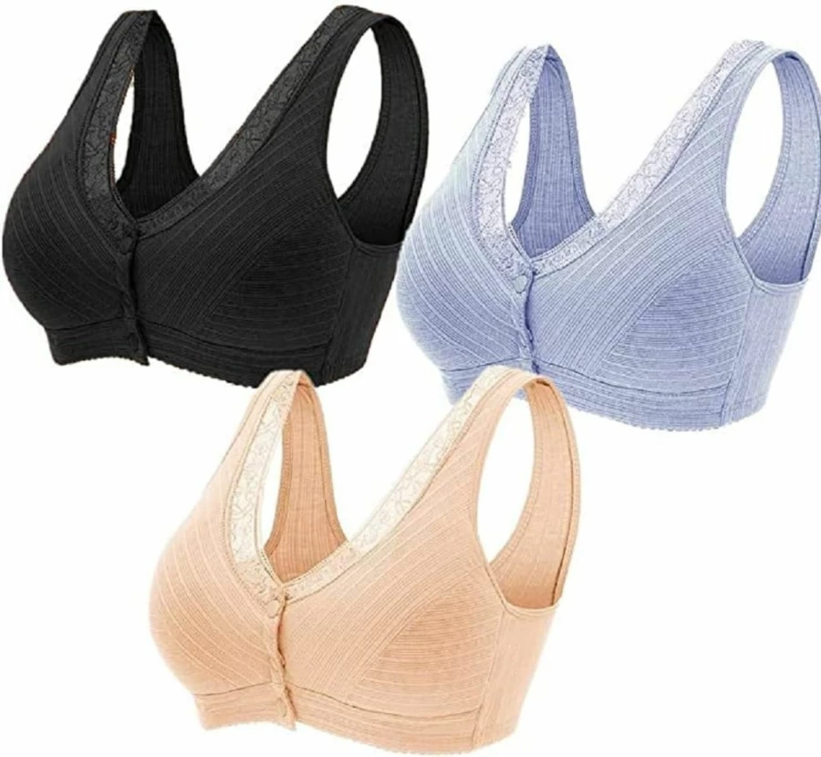 MAXKASADI 3Pack Women's Front Close Cotton Snap Lace Bras - Wire Free Push Up Sports Bra Built in Support Everyday Comfort