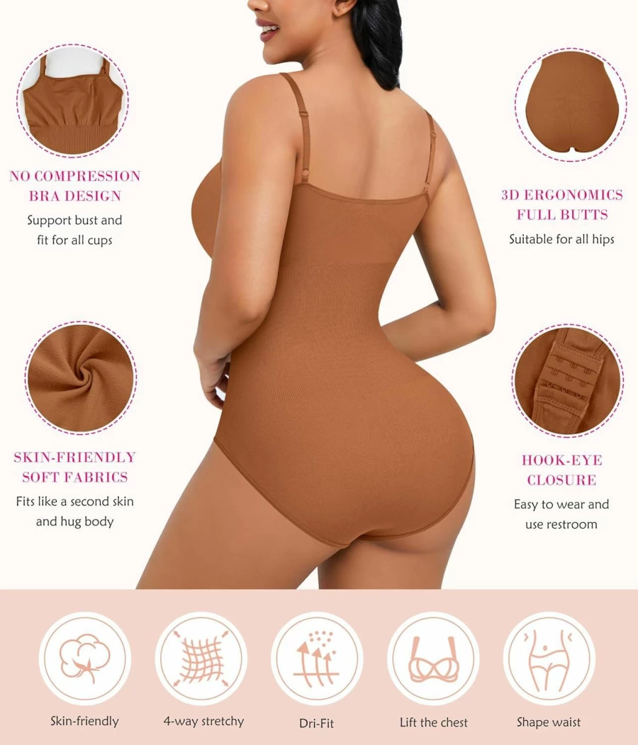 Nebility Women's Seamless Tummy Control Bodysuit - Full Body Shaper Waist Trainer with Square Neck Jumpsuit Top