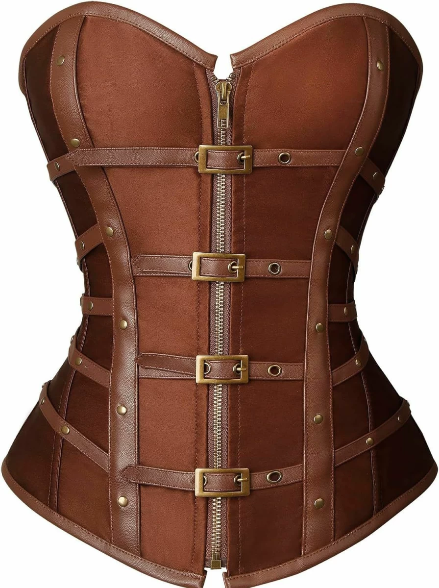 Charmian Gothic Punk Corset Top for Women - Satin Overbust Lace-Up Bustier with Buckles & Zipper Detail