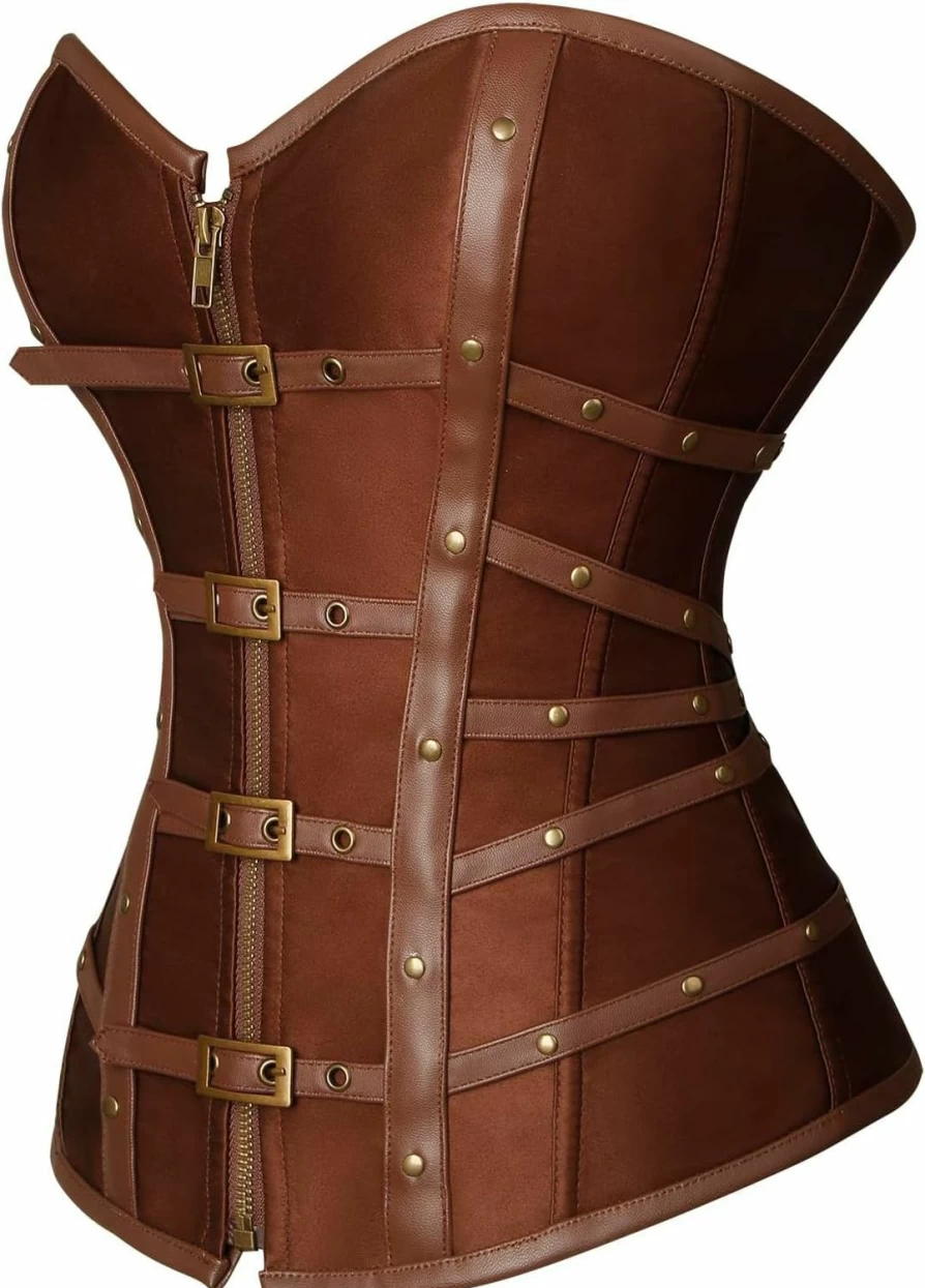 Charmian Gothic Punk Corset Top for Women - Satin Overbust Lace-Up Bustier with Buckles & Zipper Detail