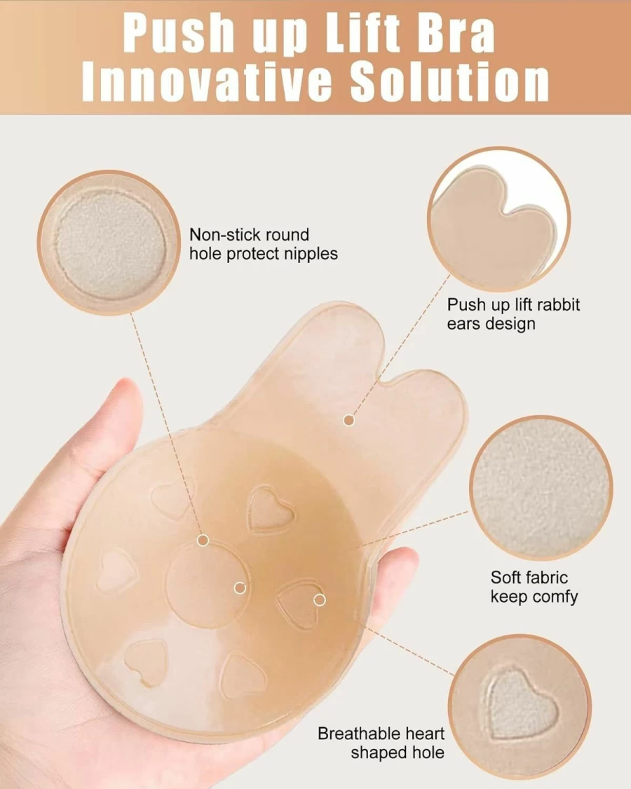 Alki'i Adhesive Bra 4-Pack - Sticky Push Up Bra for Backless & Strapless Dresses - Reusable Silicone Boob Lift