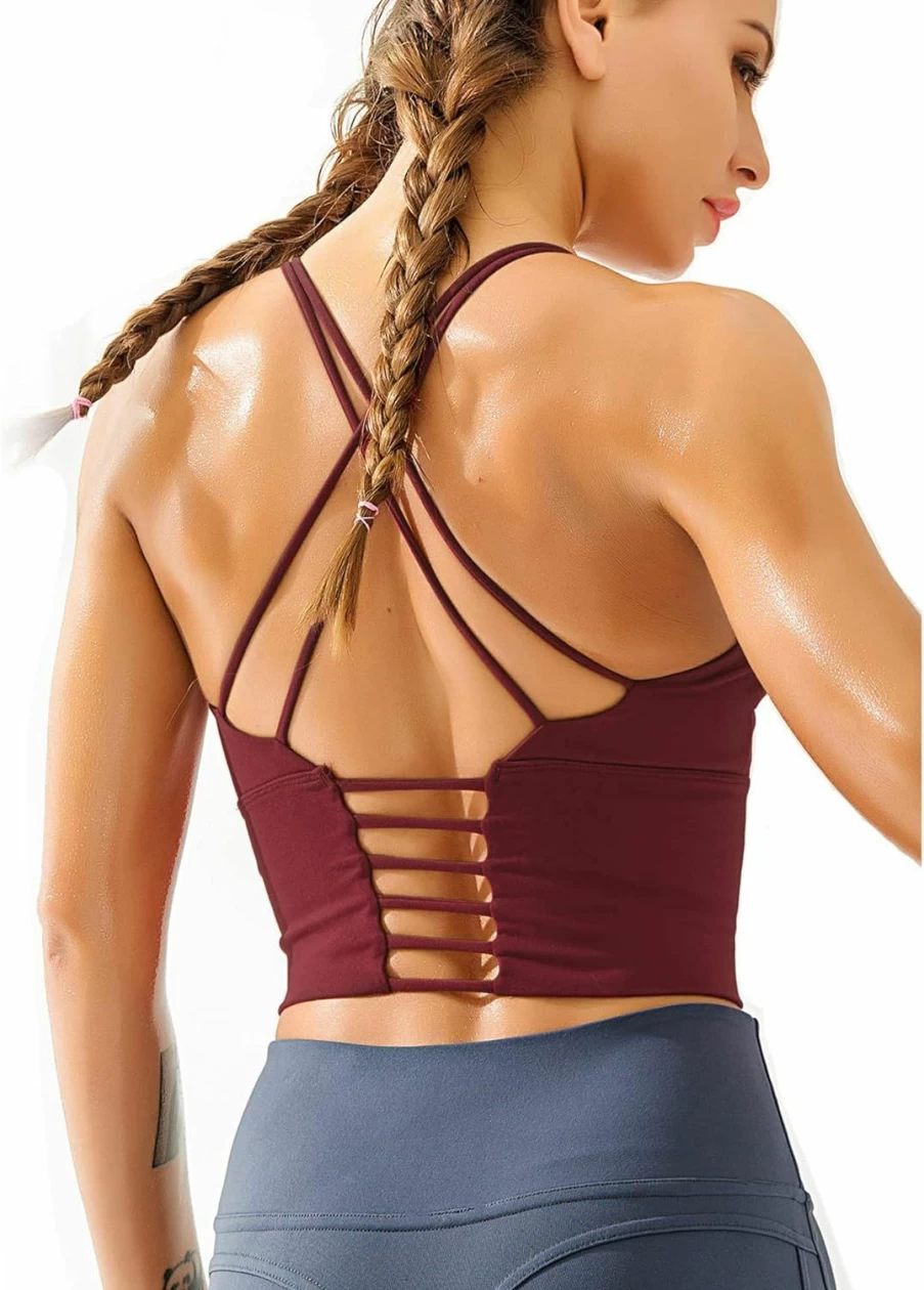 Redqenting Women's Criss Cross Back Longline Sports Bra - Removable Padded Yoga Bra for Workouts & Fitness