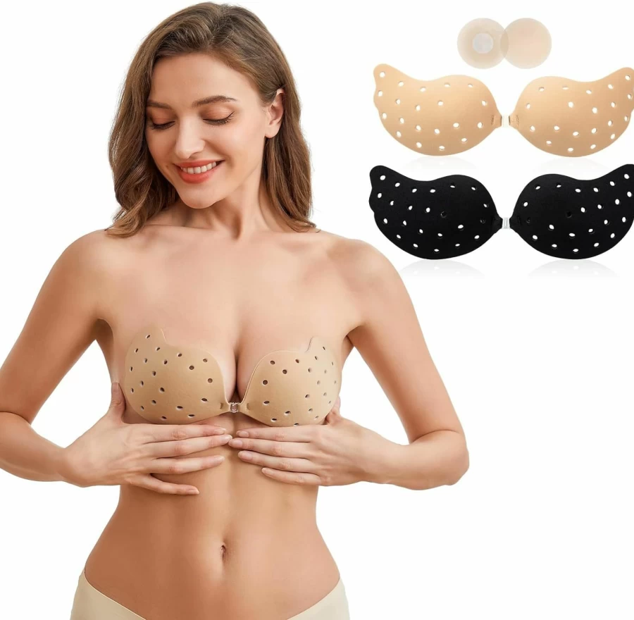 BOSOMBLISS Sticky Bras for Women - Push Up Strapless Adhesive Bra with Nipple Covers, Seamless Lift & Comfort Bralette