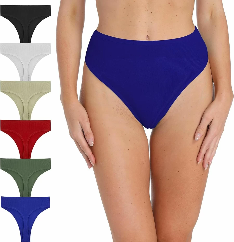 XLNDSOEA Women's High Waisted Cotton Thongs 6-Pack - Stretchy Ribbed Sport Underwear, Breathable High Cut Panties for Comfort