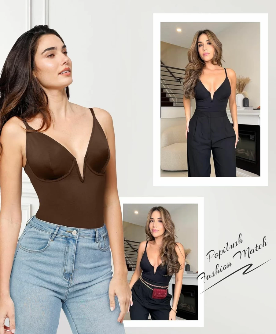 Popilush Women's Tummy Control Shapewear Bodysuit - Deep V Neck Backless Thong Bodysuit for Seamless Slimming