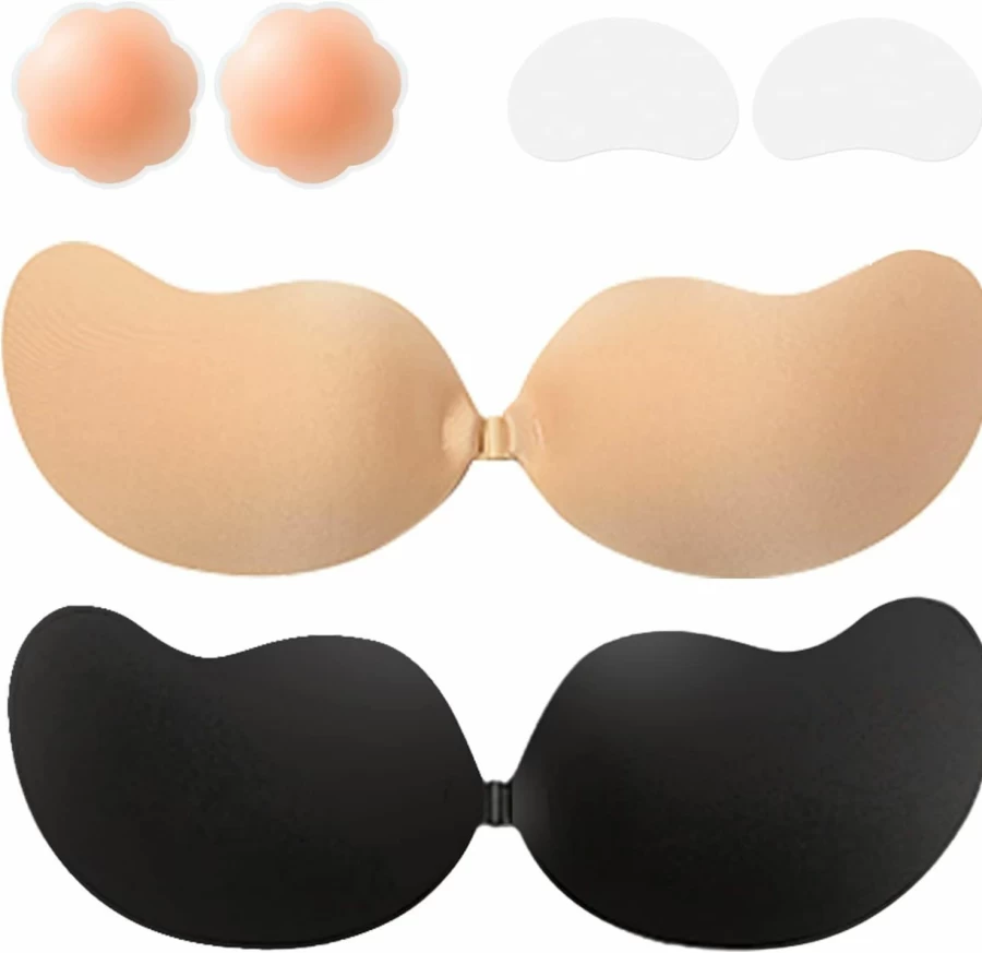Nimowu Sticky Bra 2 Pack - Reusable Adhesive Push Up Bra for Women, Invisible Strapless Backless Bra with Nipple Covers for Dresses