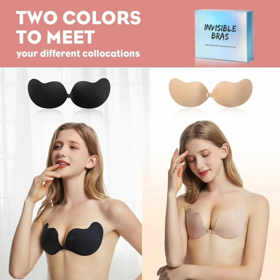 Nimowu Sticky Bra 2 Pack - Reusable Adhesive Push Up Bra for Women, Invisible Strapless Backless Bra with Nipple Covers for Dresses