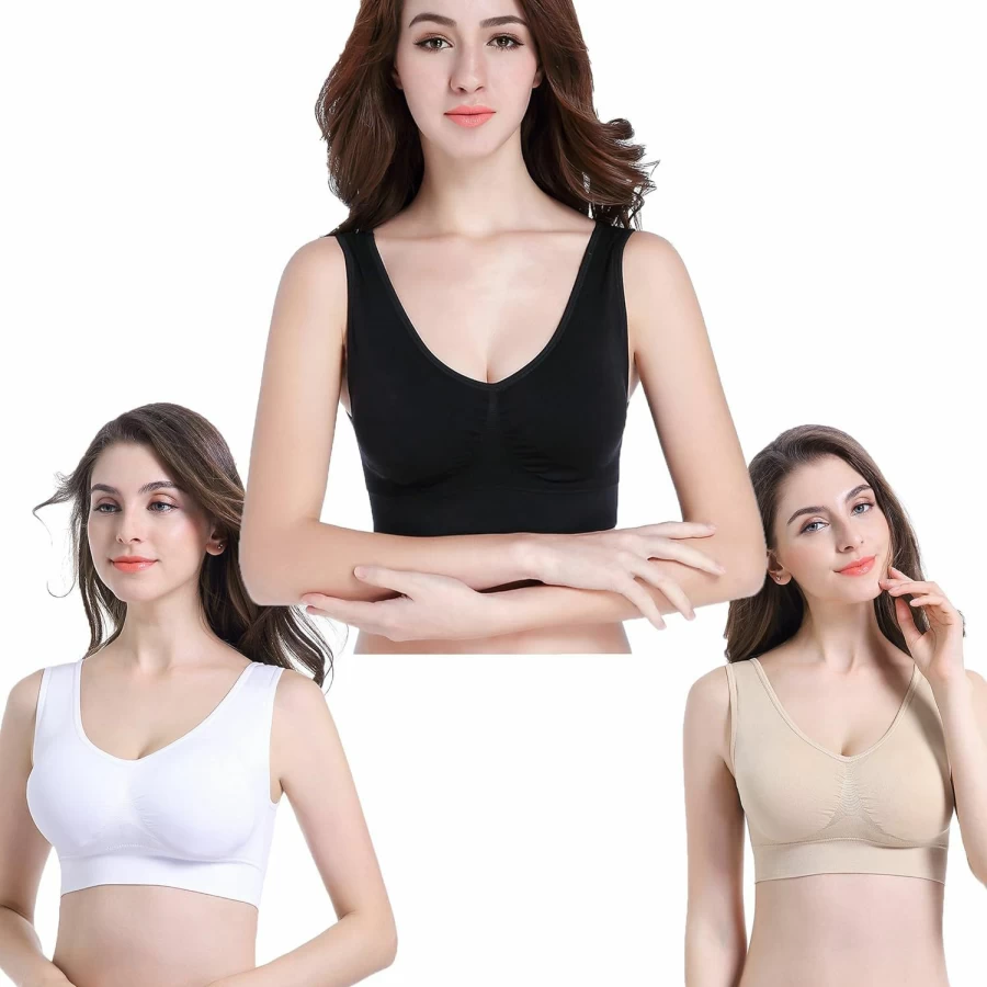 PRETTYWELL Women's Comfortable Seamless Wireless Sports Bra 3-Pack - Stretchy Yoga Bras with Removable Pads for Sleep and Active Wear