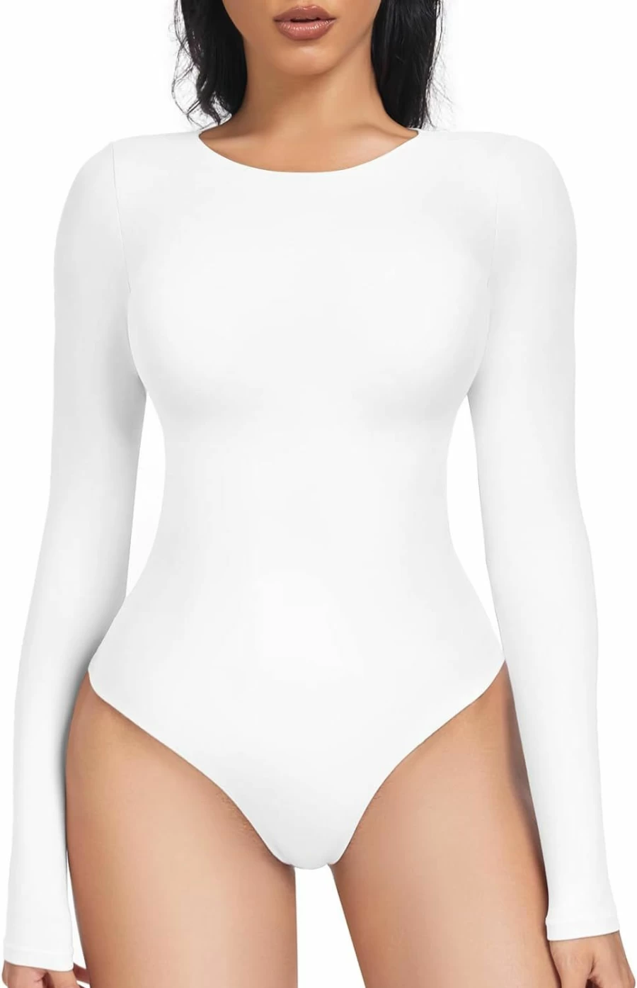 Rosytri Women's Sexy Double Layer Bodysuit - Long Sleeve Crew Neck Shapewear Thong Tops for Slimming & Comfort