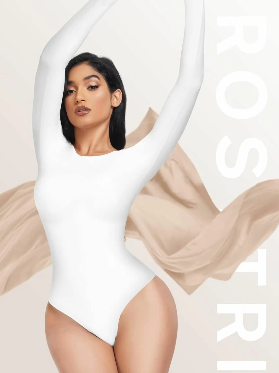 Rosytri Women's Sexy Double Layer Bodysuit - Long Sleeve Crew Neck Shapewear Thong Tops for Slimming & Comfort