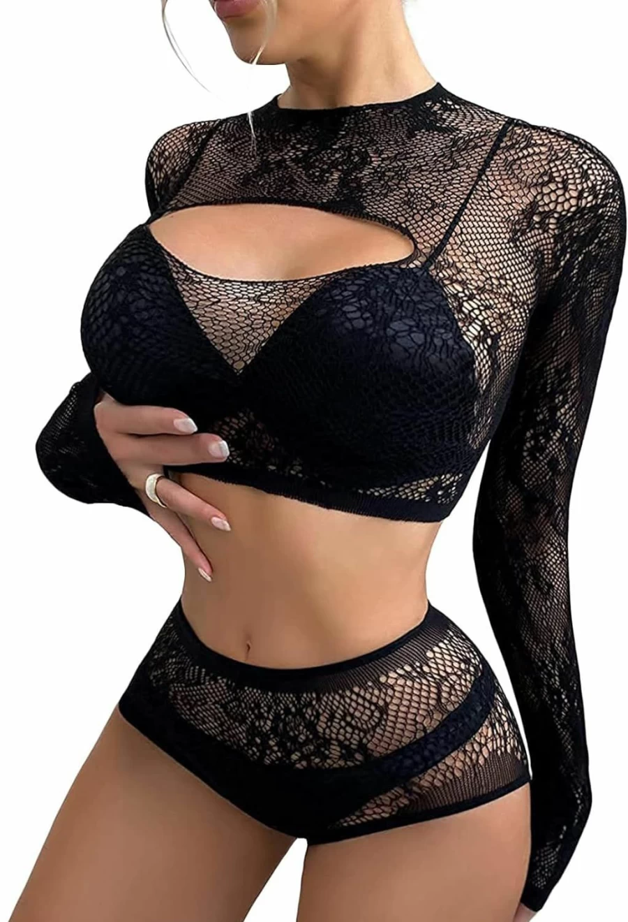 FasiCat Women's See-Through Mesh Lingerie Bodysuit Long Sleeve Fishnet Babydoll Dress Cover Up