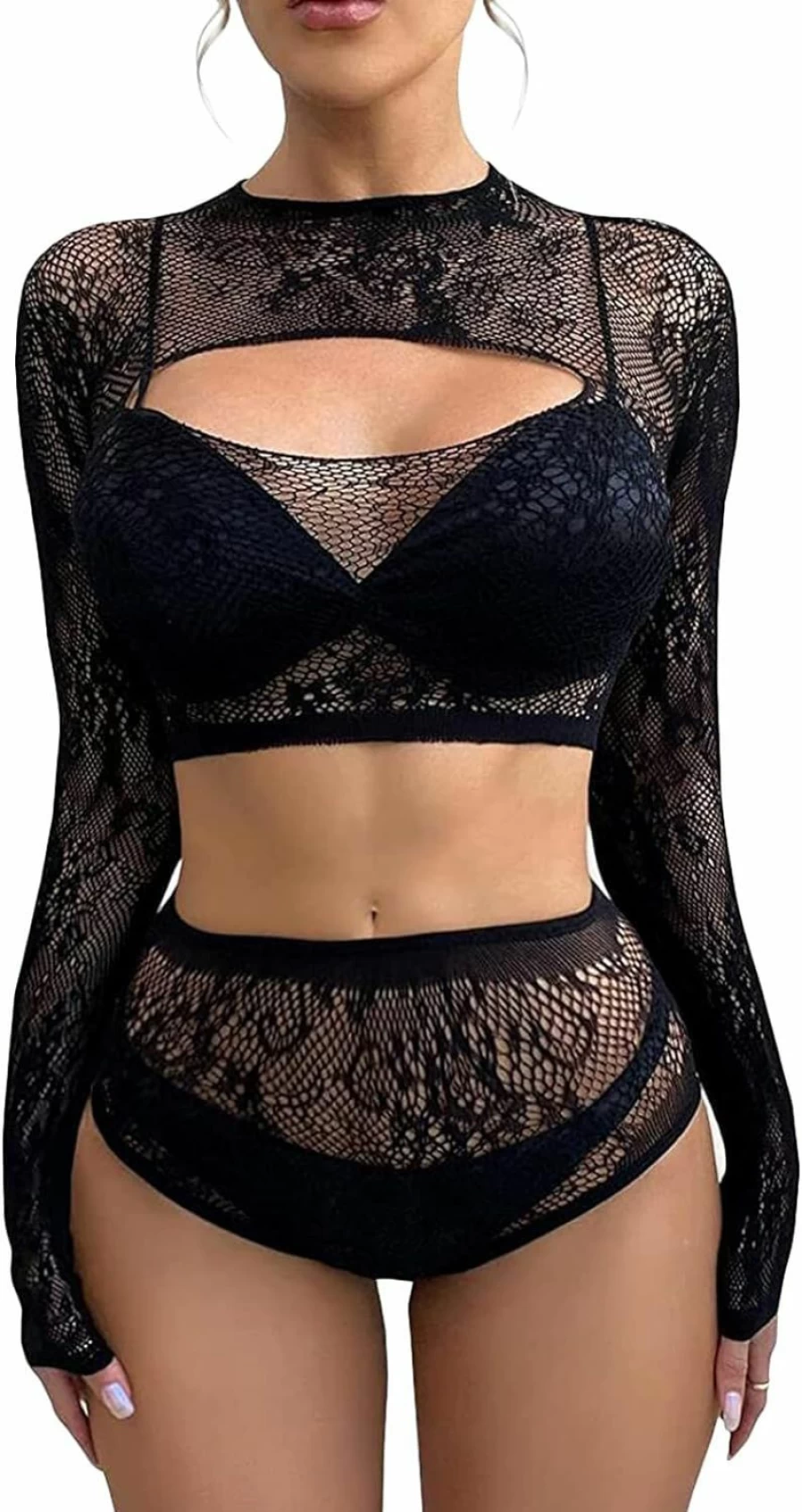FasiCat Women's See-Through Mesh Lingerie Bodysuit Long Sleeve Fishnet Babydoll Dress Cover Up