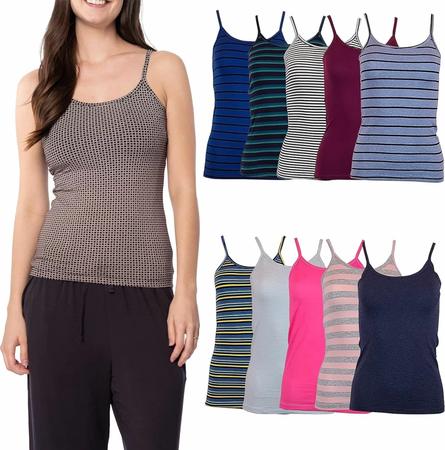 Sexy Basics Women's 10 Pack Cotton Stretch Spaghetti Strap Cami Tops - Slim Fit Tank Tops for Layering