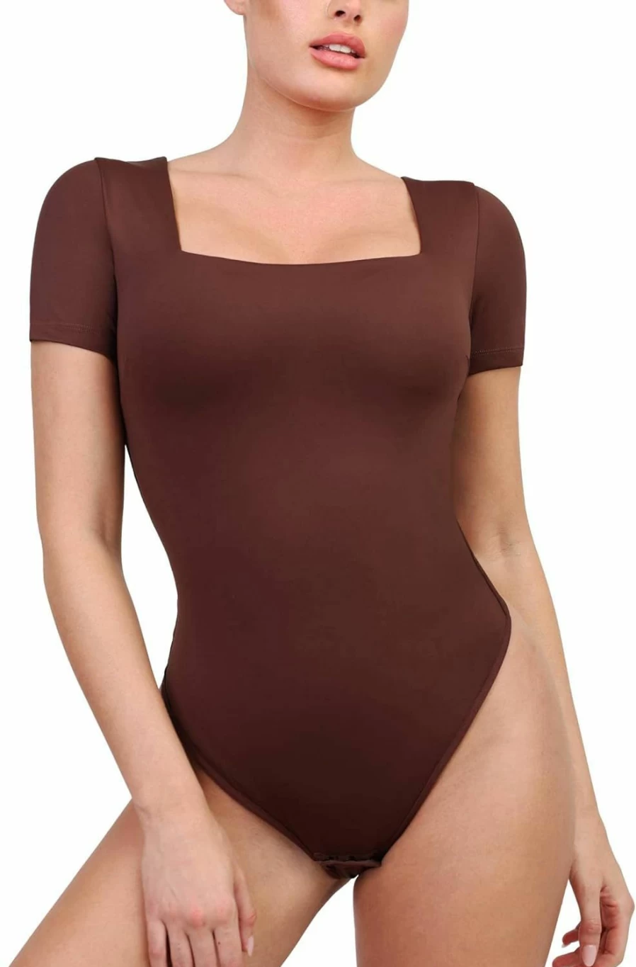 Popilush Women's Shapewear Bodysuit - Square Neck, Short Sleeve, Built-In Bra Thong Bodysuit Corset Top