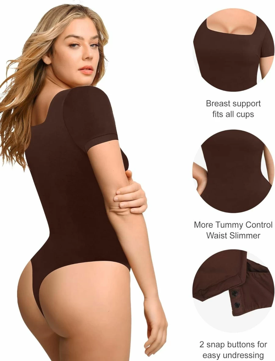 Popilush Women's Shapewear Bodysuit - Square Neck, Short Sleeve, Built-In Bra Thong Bodysuit Corset Top