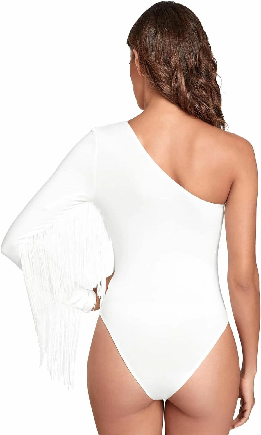 Verdusa Women's One Shoulder Long Sleeve Bodysuit with Fringe Detail - Sexy Tops for Women
