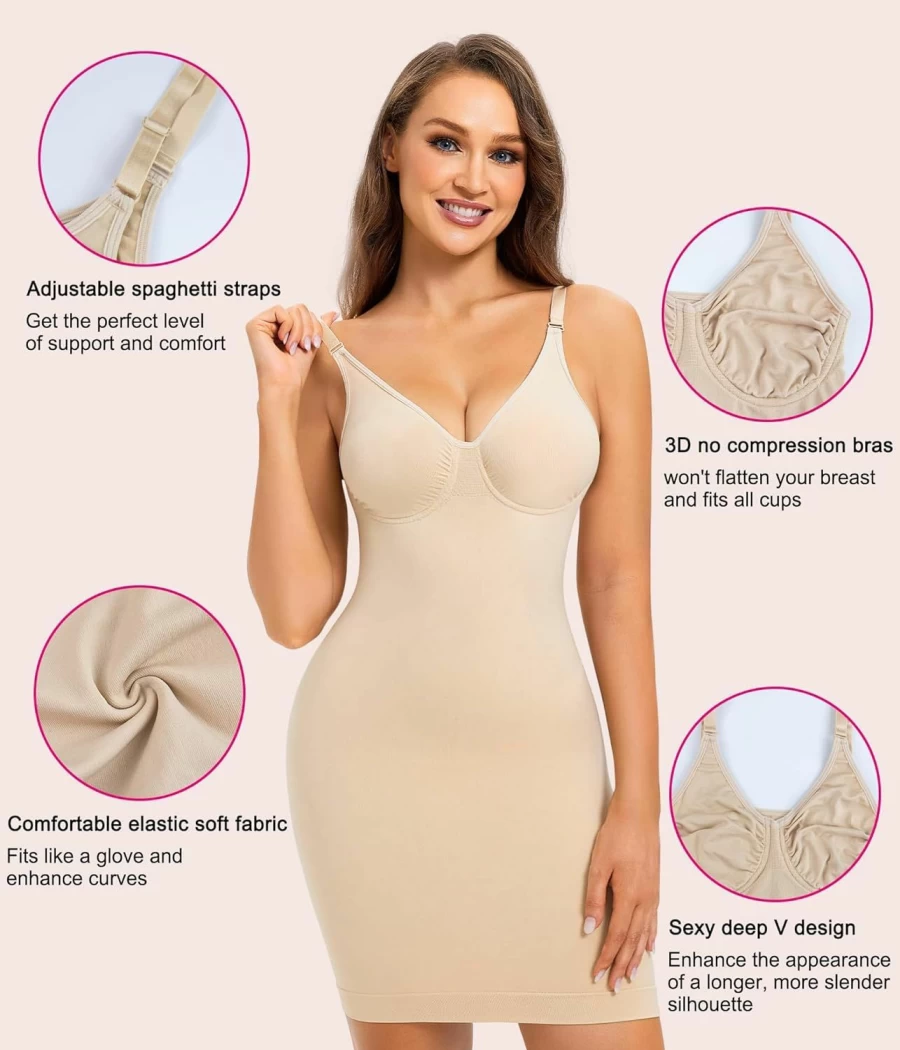 Nebility Women's Tummy Control Shapewear Dress with V-Neck & Adjustable Spaghetti Straps - Slimming Full Slip Body Shaper