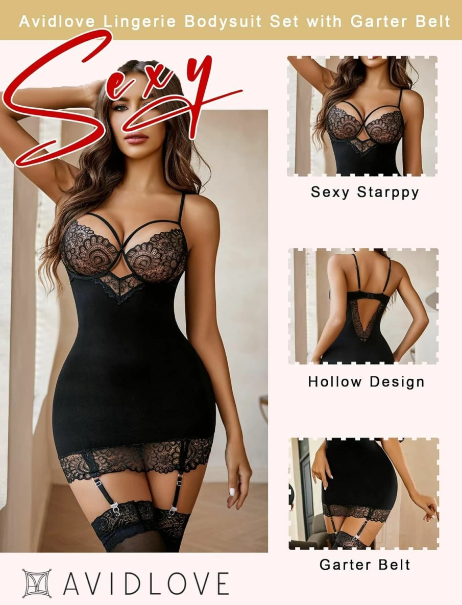 Avidlove Women's Lace Teddy Bodysuit Babydoll with Garter Belt - Sexy Lingerie Slip for Women