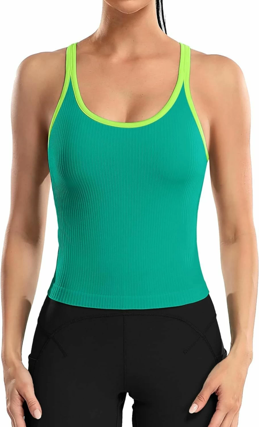 ATTRACO Women's Ribbed Workout Crop Top with Built-In Bra - Yoga Racerback Tank Top for Tight Fit & Comfort