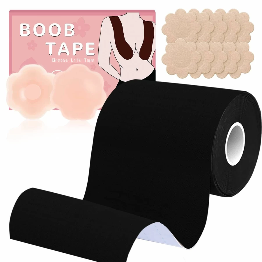 BEWTEIM Breast Lift Tape for Large Breasts – 4 Inch Boob Tape Roll for Push Up & Strapless Dresses, Includes 1 Pair Silicone Nipple Covers & 5 Pairs Satin Pasties – Ideal for D-G Cup, Light Skin Tone