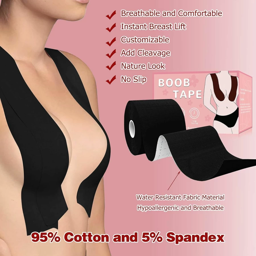 BEWTEIM Breast Lift Tape for Large Breasts – 4 Inch Boob Tape Roll for Push Up & Strapless Dresses, Includes 1 Pair Silicone Nipple Covers & 5 Pairs Satin Pasties – Ideal for D-G Cup, Light Skin Tone