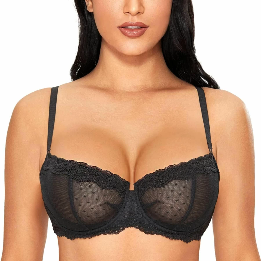 DOBREVA Women's Plus Size Demi Bra - Sexy Lace Balconette Underwire Unlined Sheer Bralette