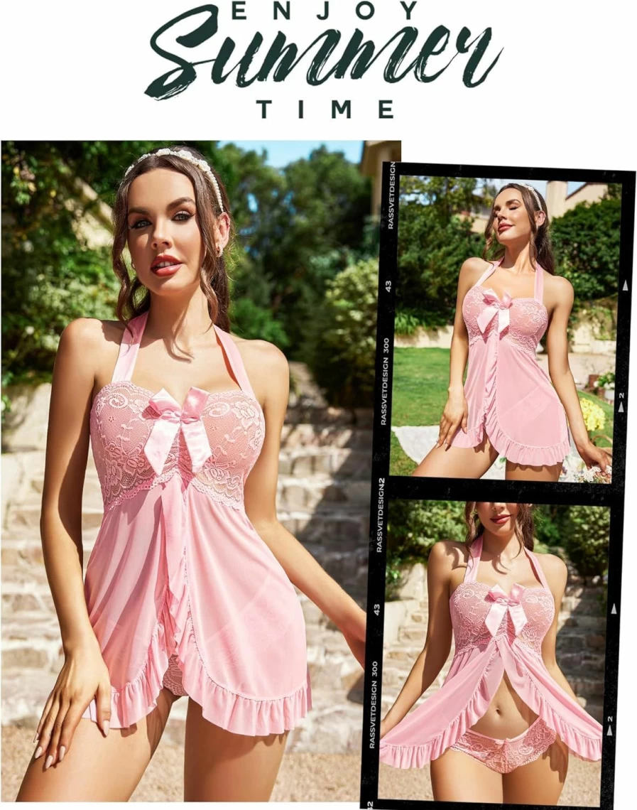 Avidlove Women's Lace Babydoll Nightgown Open Front Chemise Sleepwear Halter Lingerie XS-5XL