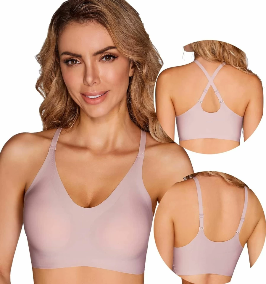 PRETTYWELL Women's Comfortable Seamless Wireless Bralette - Adjustable Cross Back Everyday Bra for A-C Cup