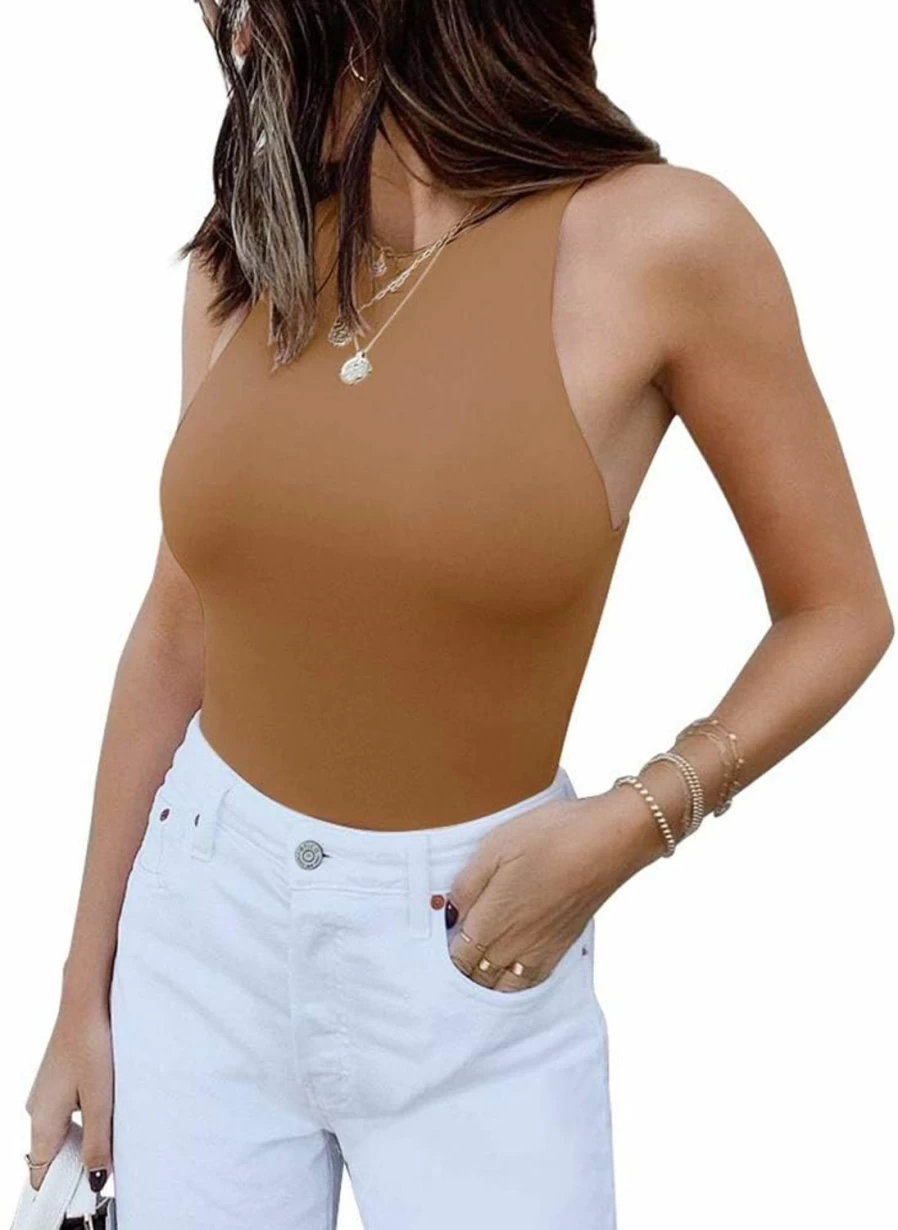 REORIA Women's Sexy Racerback Halter Neck Bodysuit - Sleeveless Tank Top for Women